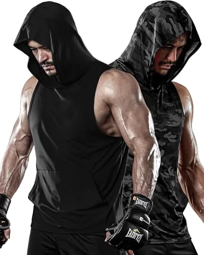 DRSKIN 2 Pack Men's Hooded Tank Tops Bodybuilding Muscle Cut Off T Shirt Sleev